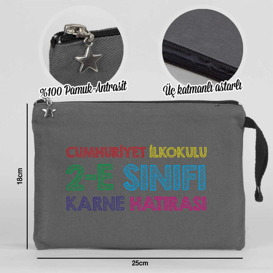 Antrasit karne günü temalı kanvas clutch çanta, okul figürlü ve özelleştirilebilir karne hediyesi tasarımı