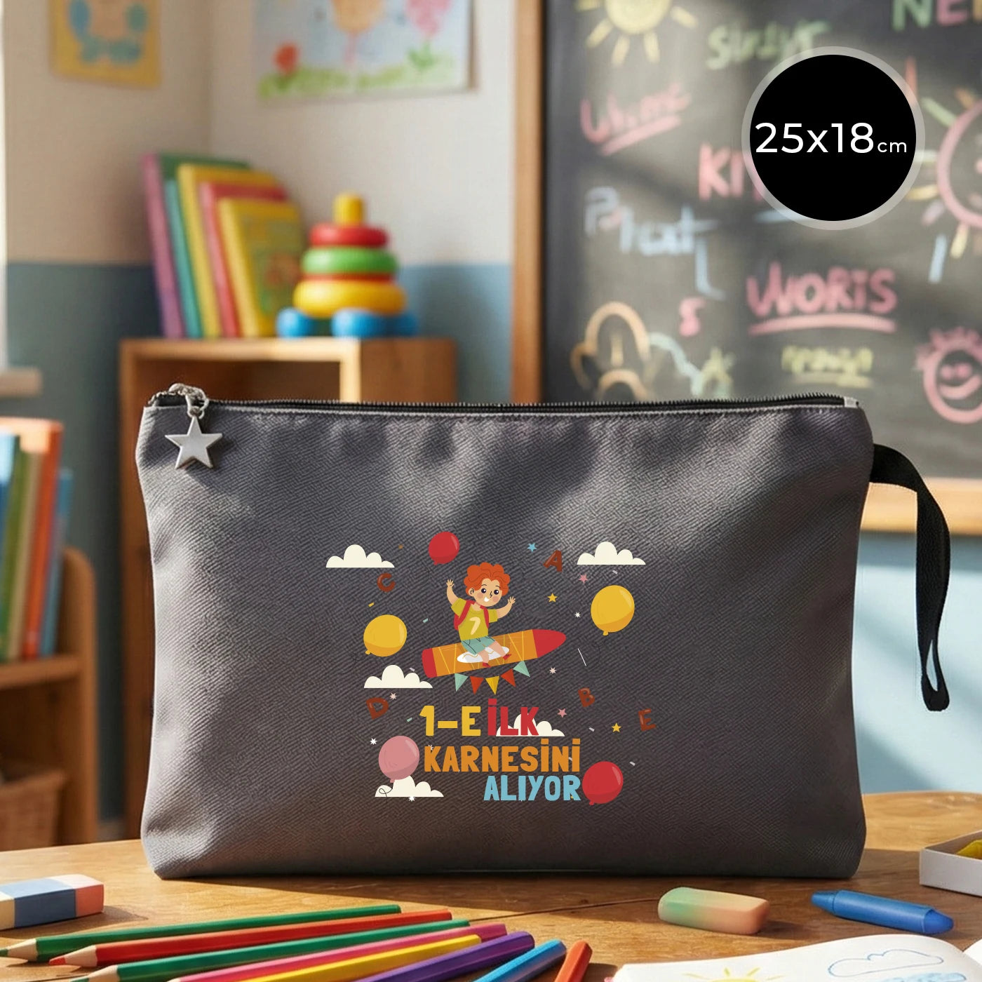 Antrasit karne günü temalı kanvas clutch çanta, okul figürlü ve özelleştirilebilir karne hediyesi tasarımı