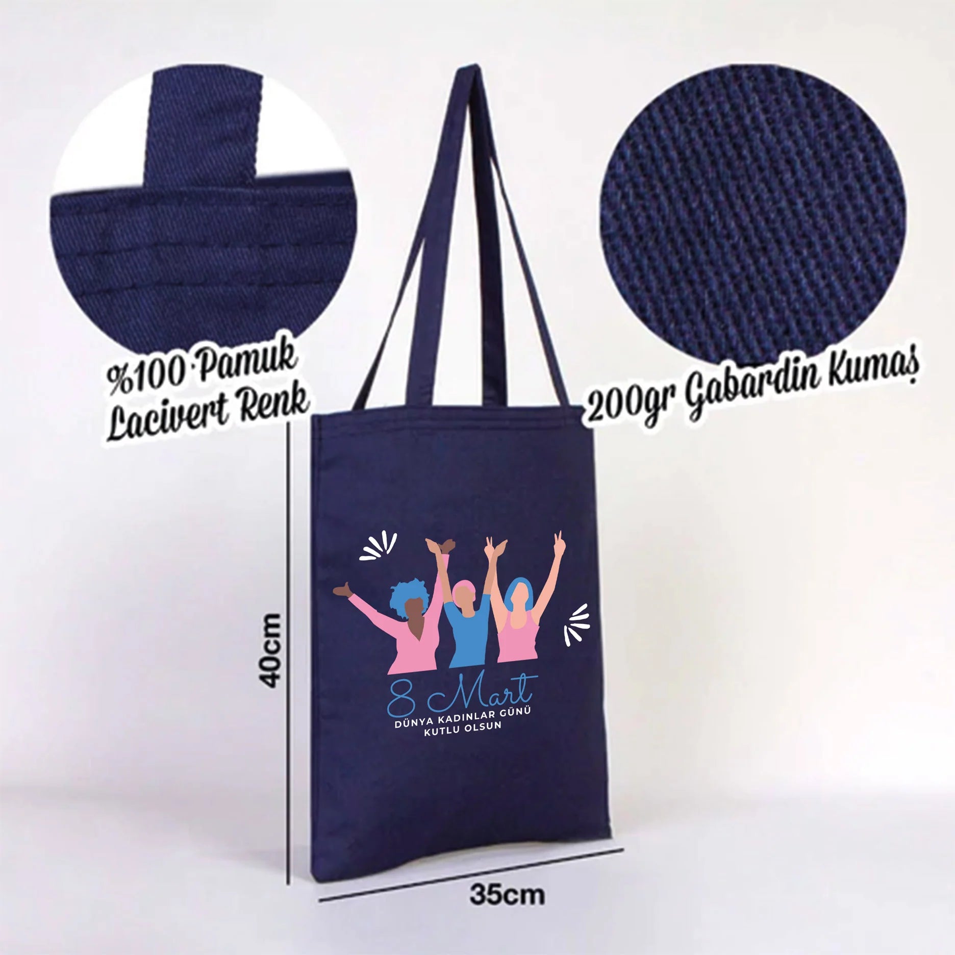 35x40 cm Lacivert Renk Gabardin Bez Model - Kadınlar Günü - detay görünüm