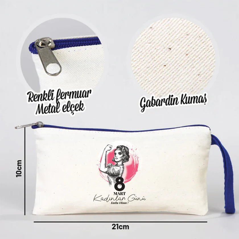 21x10 cm Saks Mavi Fermuarlı Bez Kese - Kadınlar Günü Hediyesi - detay görünüm