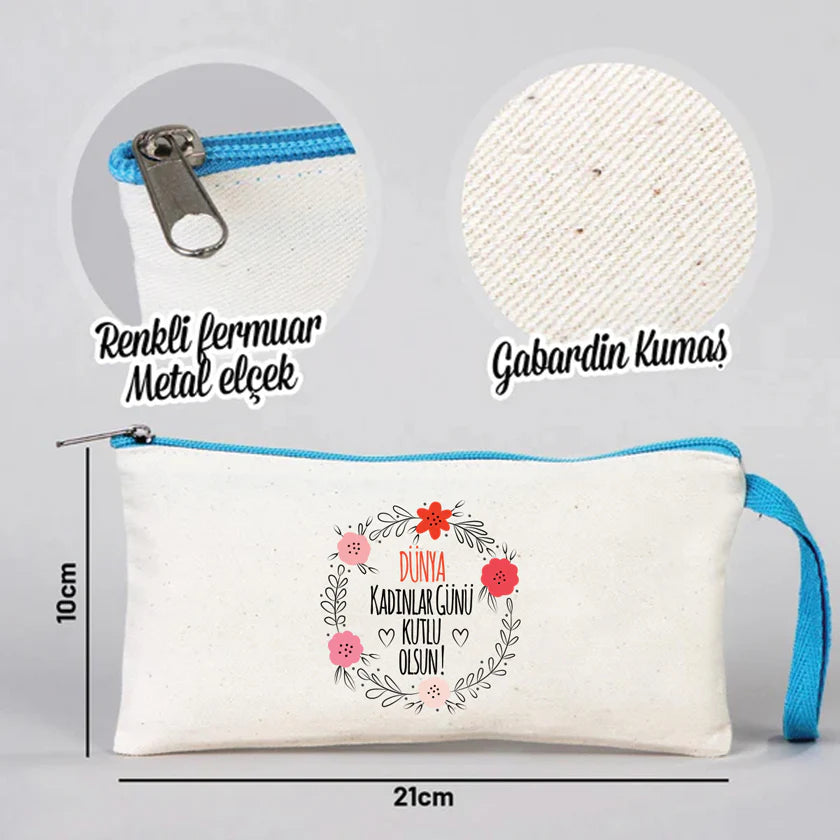 21x10 cm Turkuaz Fermuarlı Bez Kese - Kadınlar Günü Hediyesi - detay görünüm