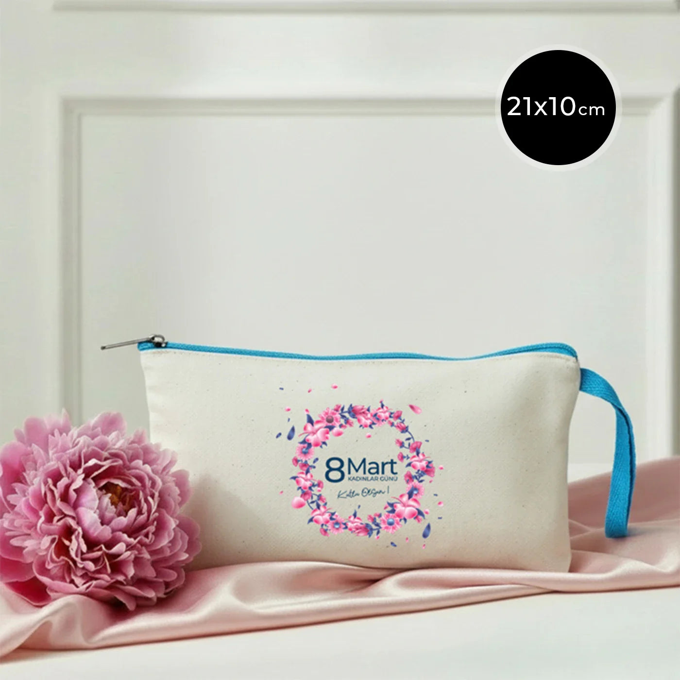 21x10 cm Turkuaz Fermuarlı Bez Kese - Kadınlar Günü Hediyesi