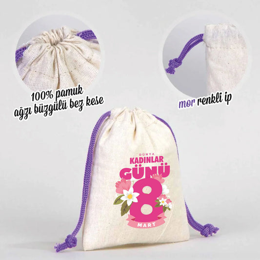 10x13 Saks Mavi İpli Bez Kese – Kadınlar Günü Hediyesi