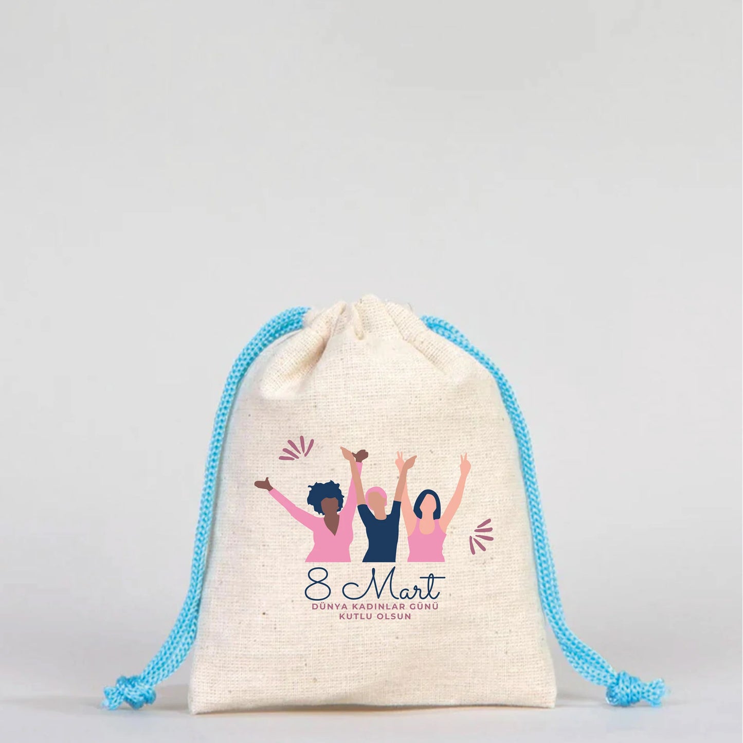 10x13 Turkuaz İpli Bez Kese – Kadınlar Günü Hediyesi