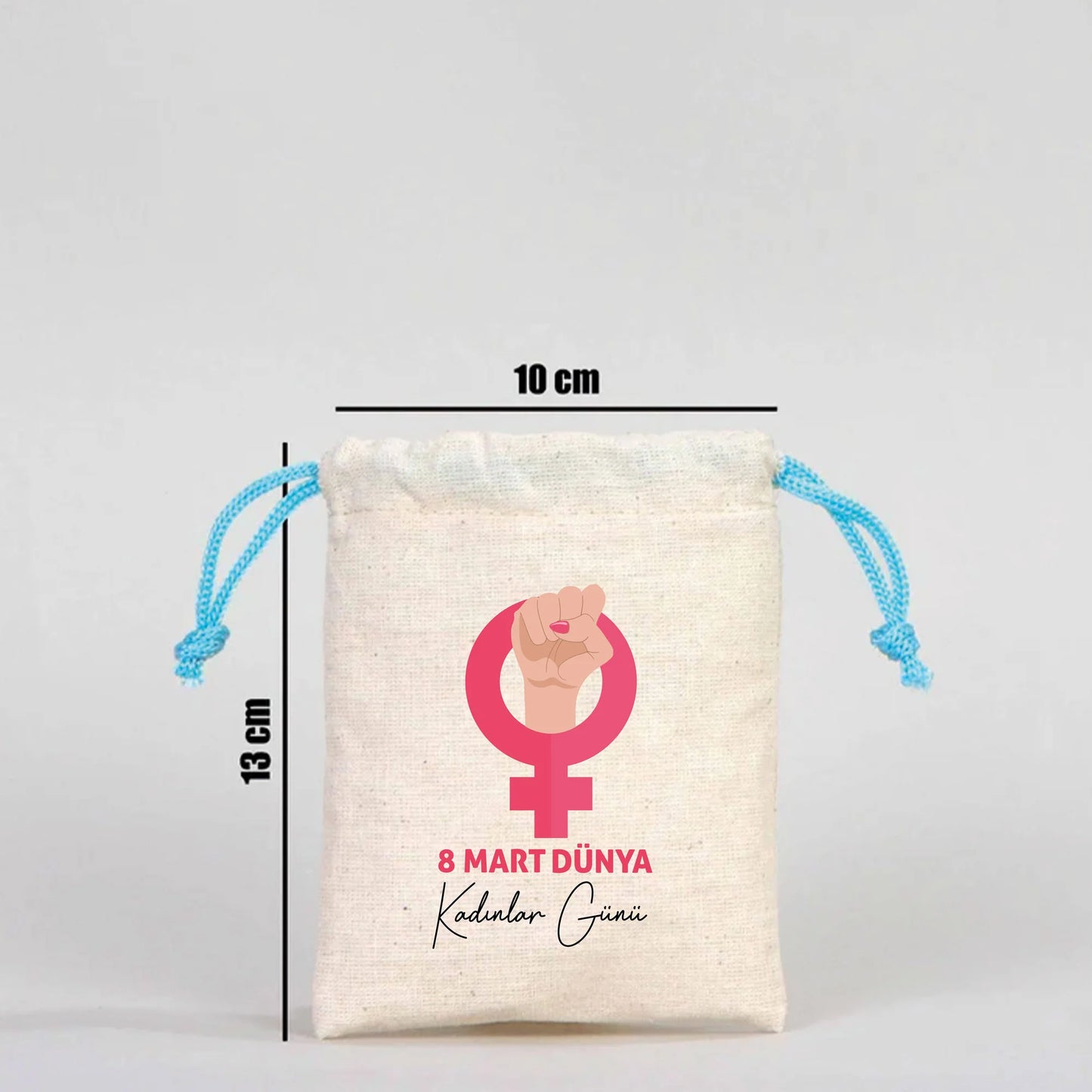 10x13 Turkuaz İpli Bez Kese – Kadınlar Günü Hediyesi