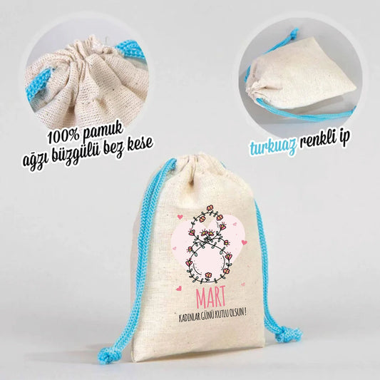 10x13 Turkuaz İpli Bez Kese – Kadınlar Günü Hediyesi