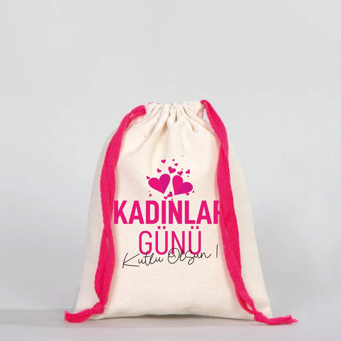 15x20 cm Renkli İp Fuşya Bez Kese – Kadınlar Günü Hediyesi