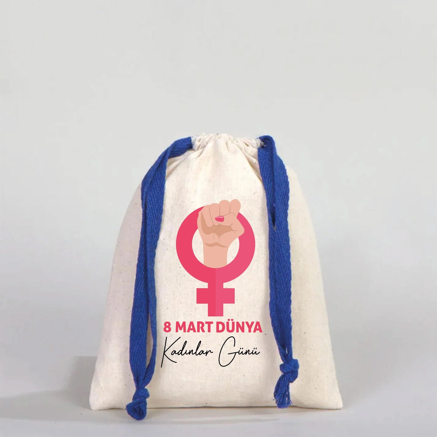 15x20 cm Renkli İp Saks Mavi Bez Kese – Kadınlar Günü Hediyesi