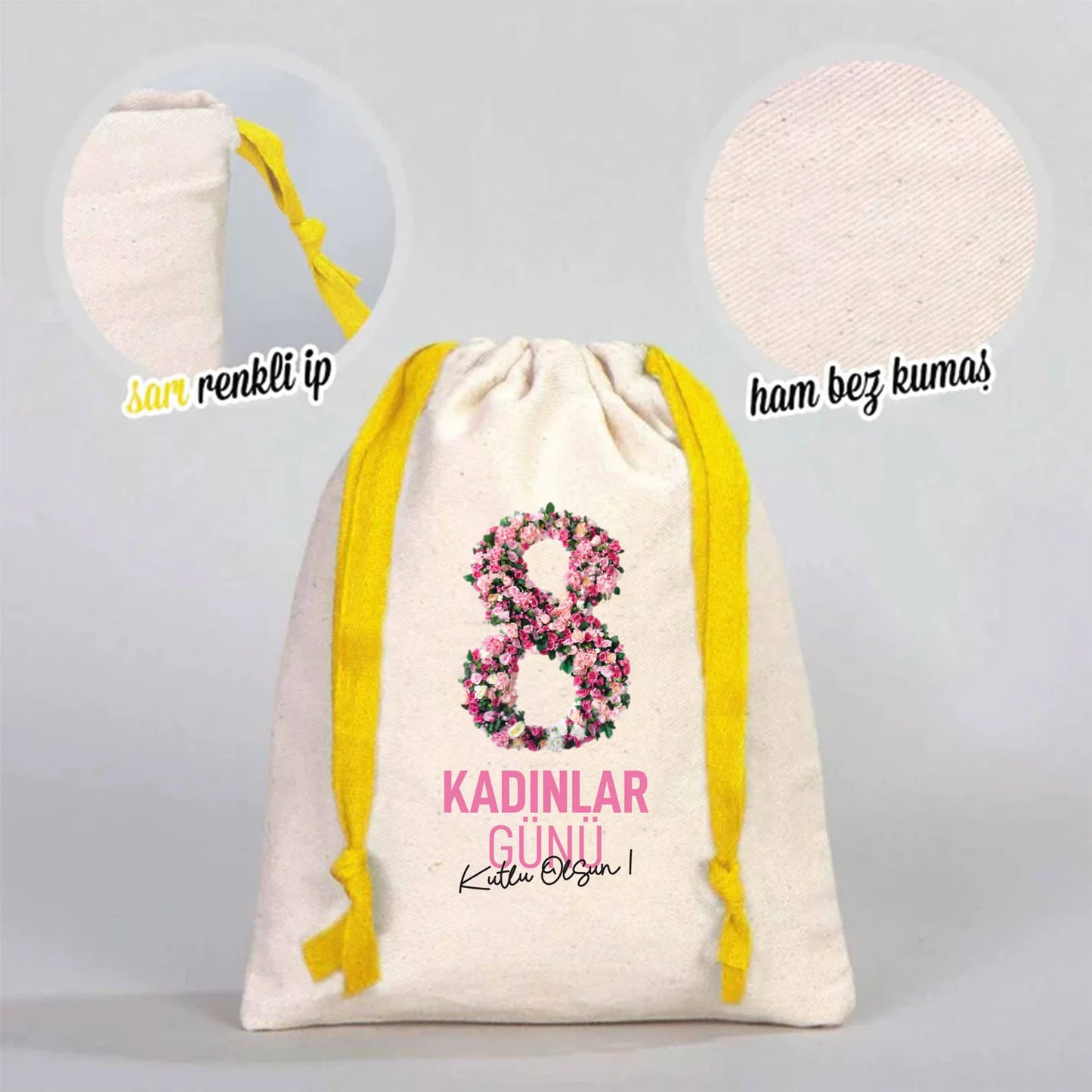 15x20 cm Renkli İp Sarı Bez Kese – Kadınlar Günü Hediyesi