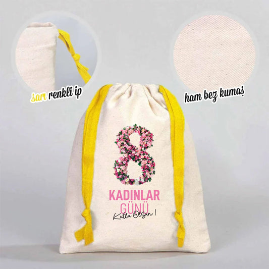 15x20 cm Renkli İp Sarı Bez Kese – Kadınlar Günü Hediyesi