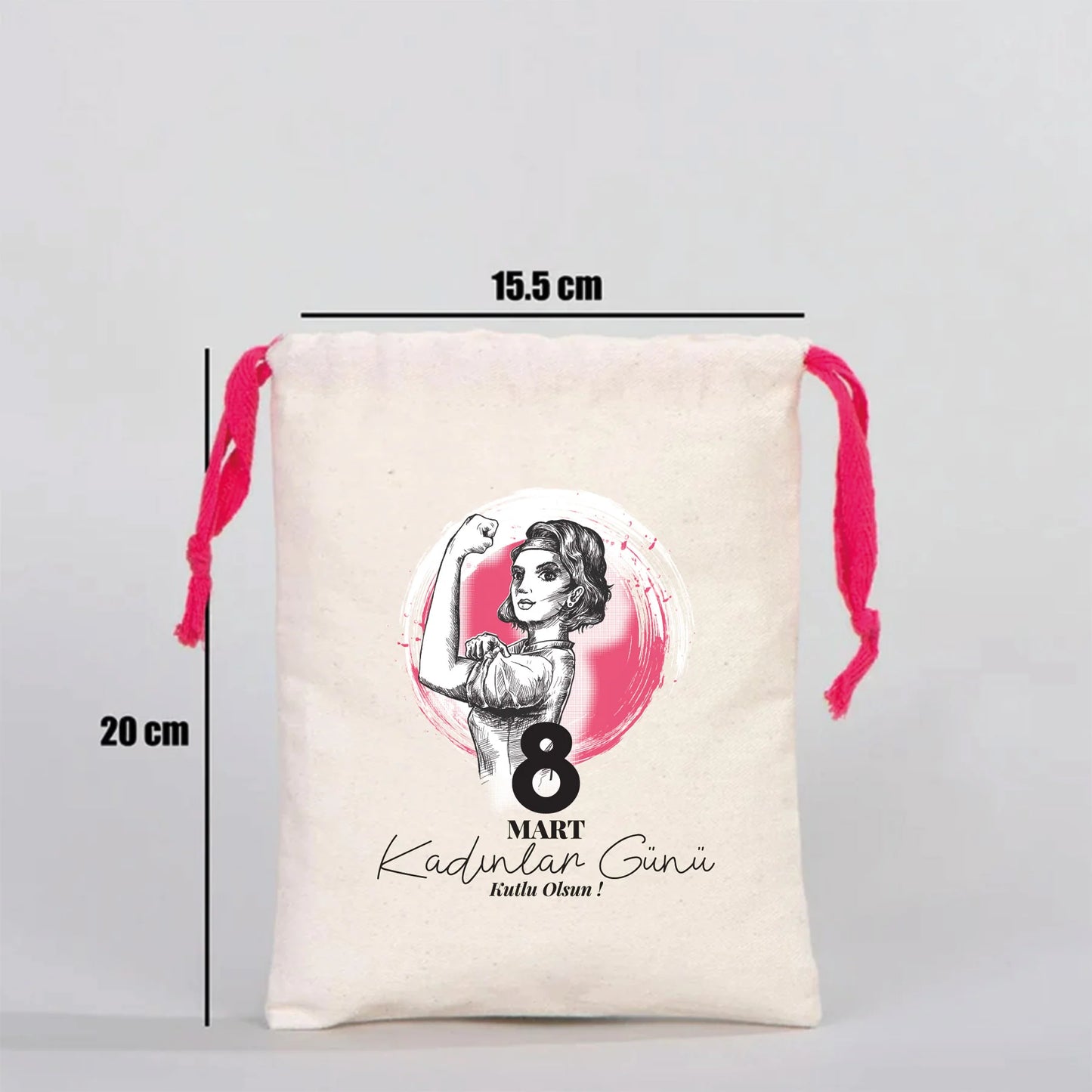 15x20 cm Renkli İp Fuşya Bez Kese – Kadınlar Günü Hediyesi