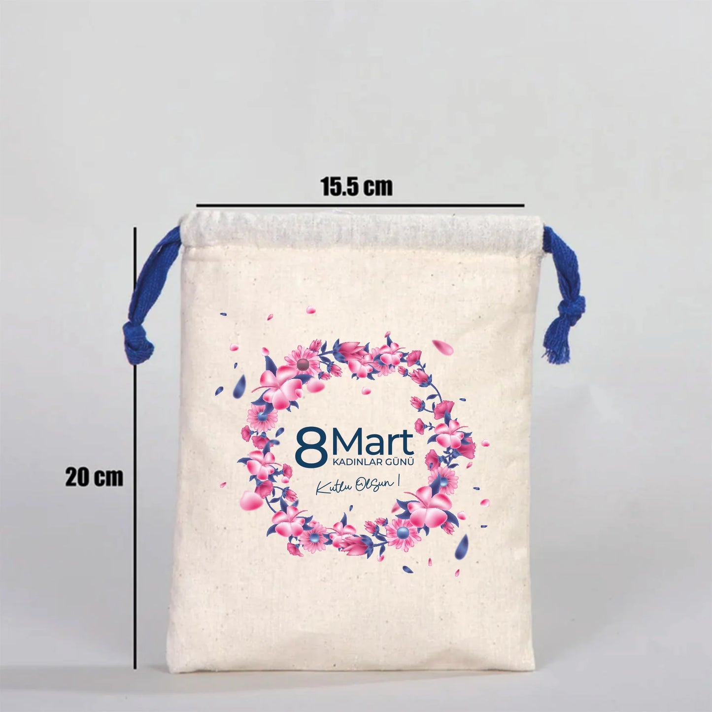15x20 cm Renkli İp Saks Mavi Bez Kese – Kadınlar Günü Hediyesi