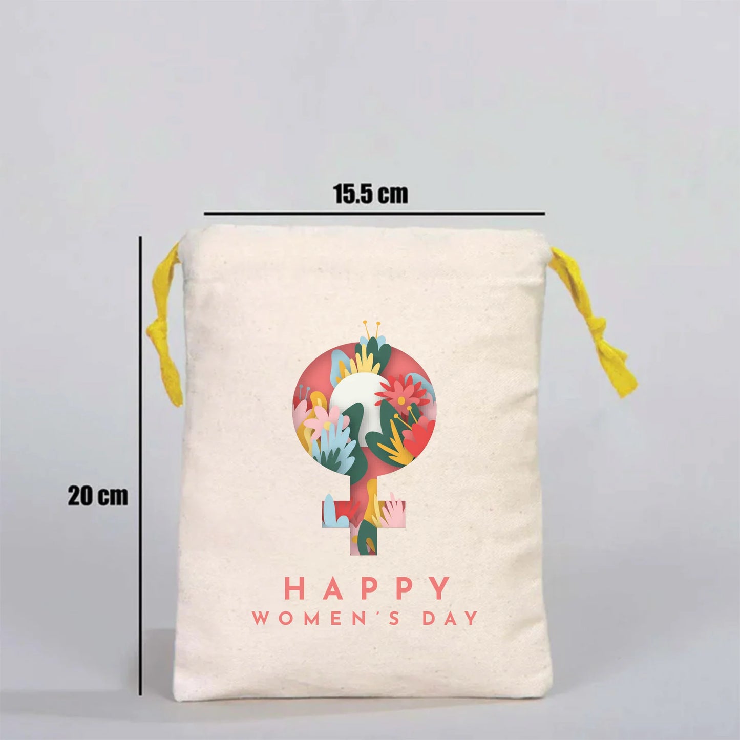 15x20 cm Renkli İp Sarı Bez Kese – Kadınlar Günü Hediyesi