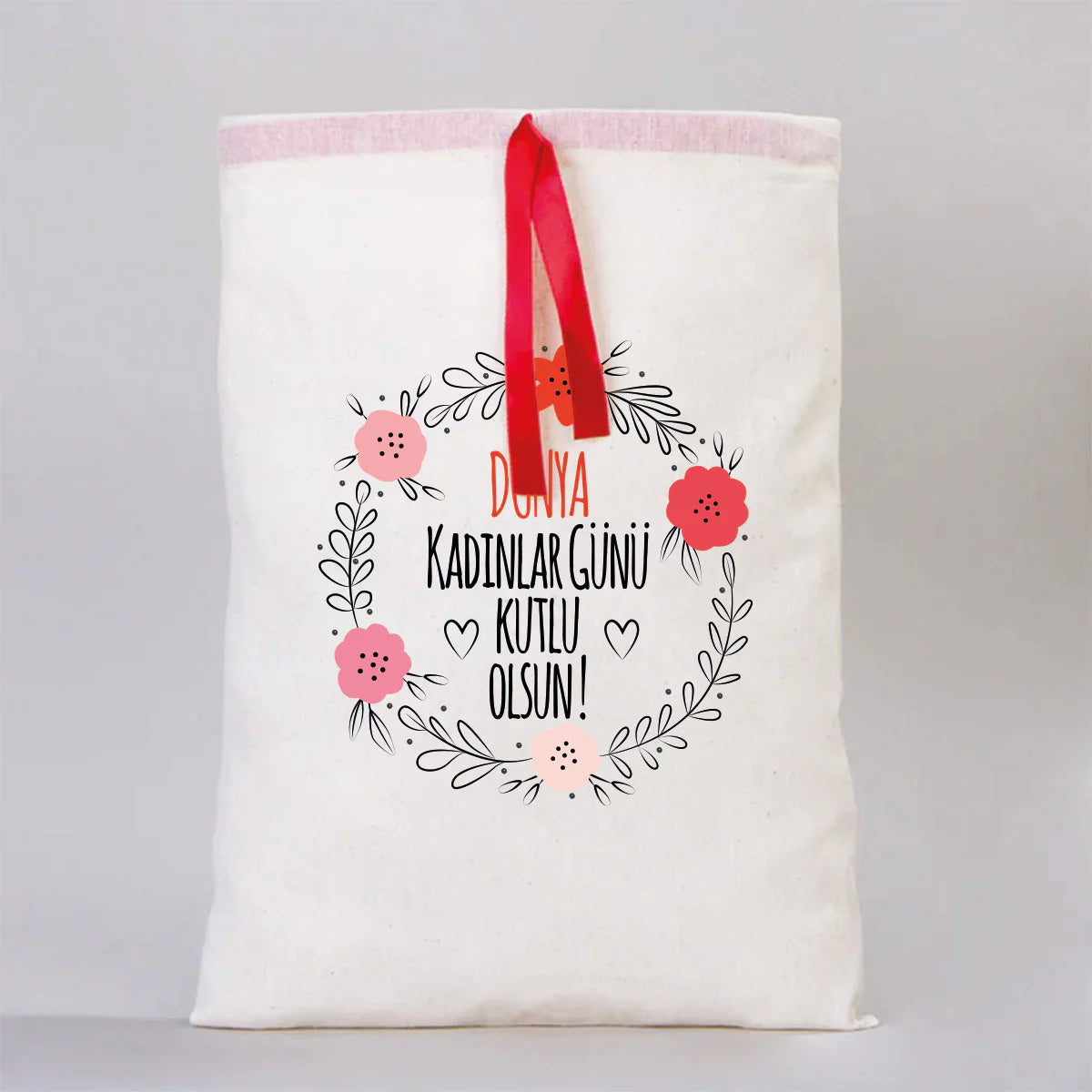 30x40 Kırmızı Kurdeleli Bez Kese – Kadınlar Günü Hediyesi