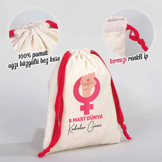 15x20 cm Renkli İp Kırmızı Bez Kese – Kadınlar Günü Kesesi