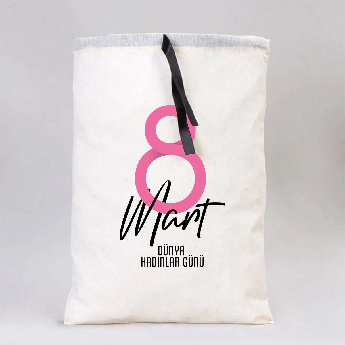 30x40 Siyah Kurdeleli Bez Kese – Kadınlar Günü Hediyesi