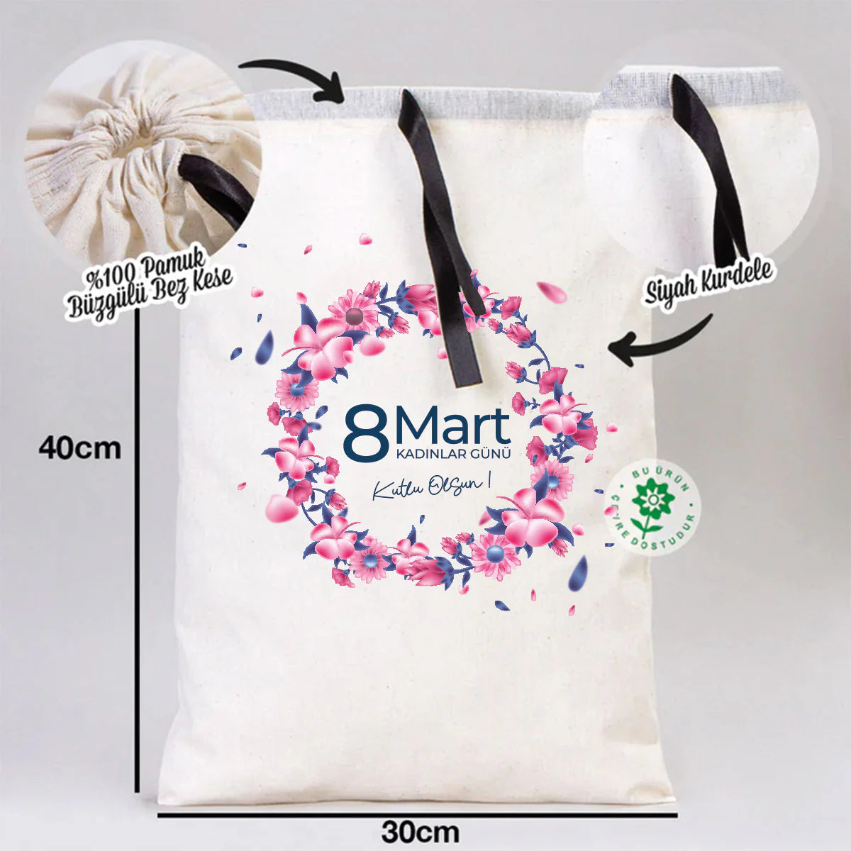 30x40 Siyah Kurdeleli Bez Kese – Kadınlar Günü Hediyesi
