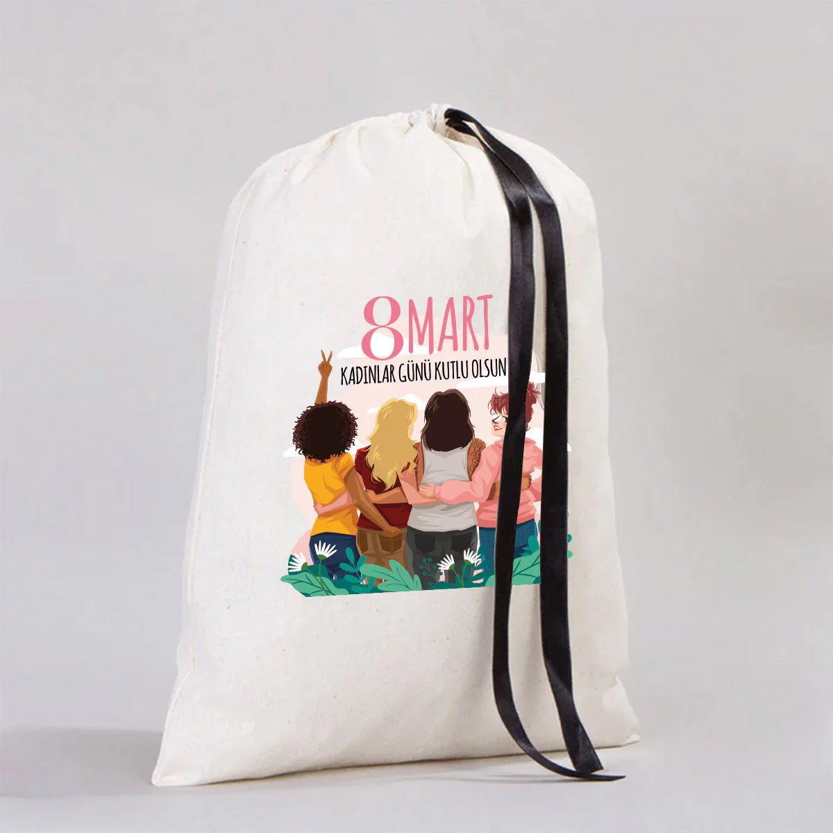 30x40 Siyah Kurdeleli Bez Kese – Kadınlar Günü Hediyesi