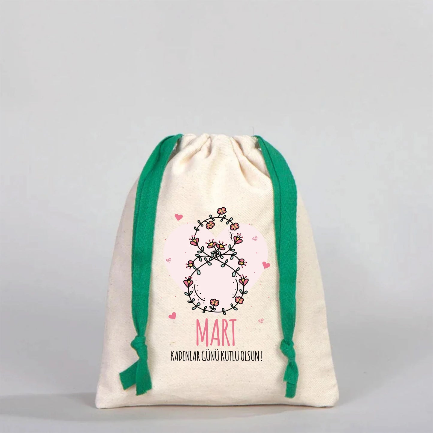 15x20 cm Bez Kese Yeşil İpli - Kadınlar Günü Hediyesi