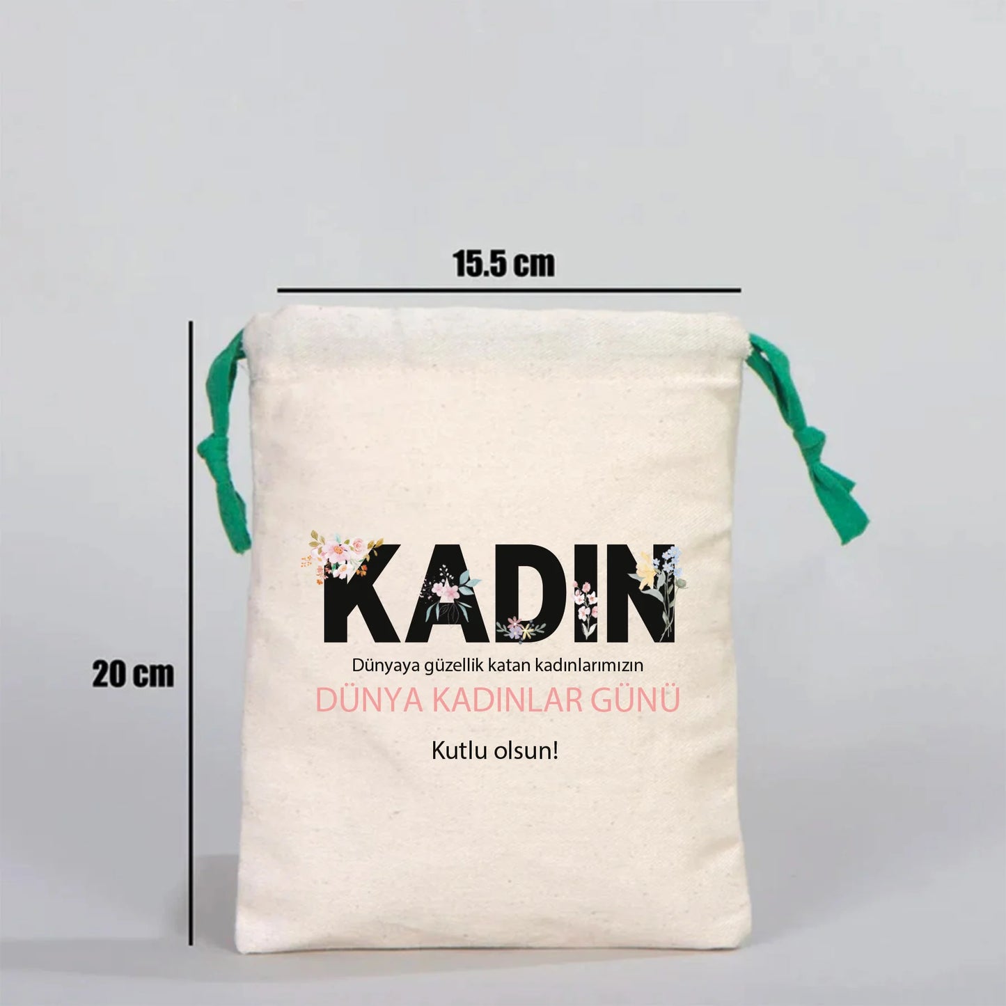 15x20 cm Bez Kese Yeşil İpli - Kadınlar Günü Hediyesi