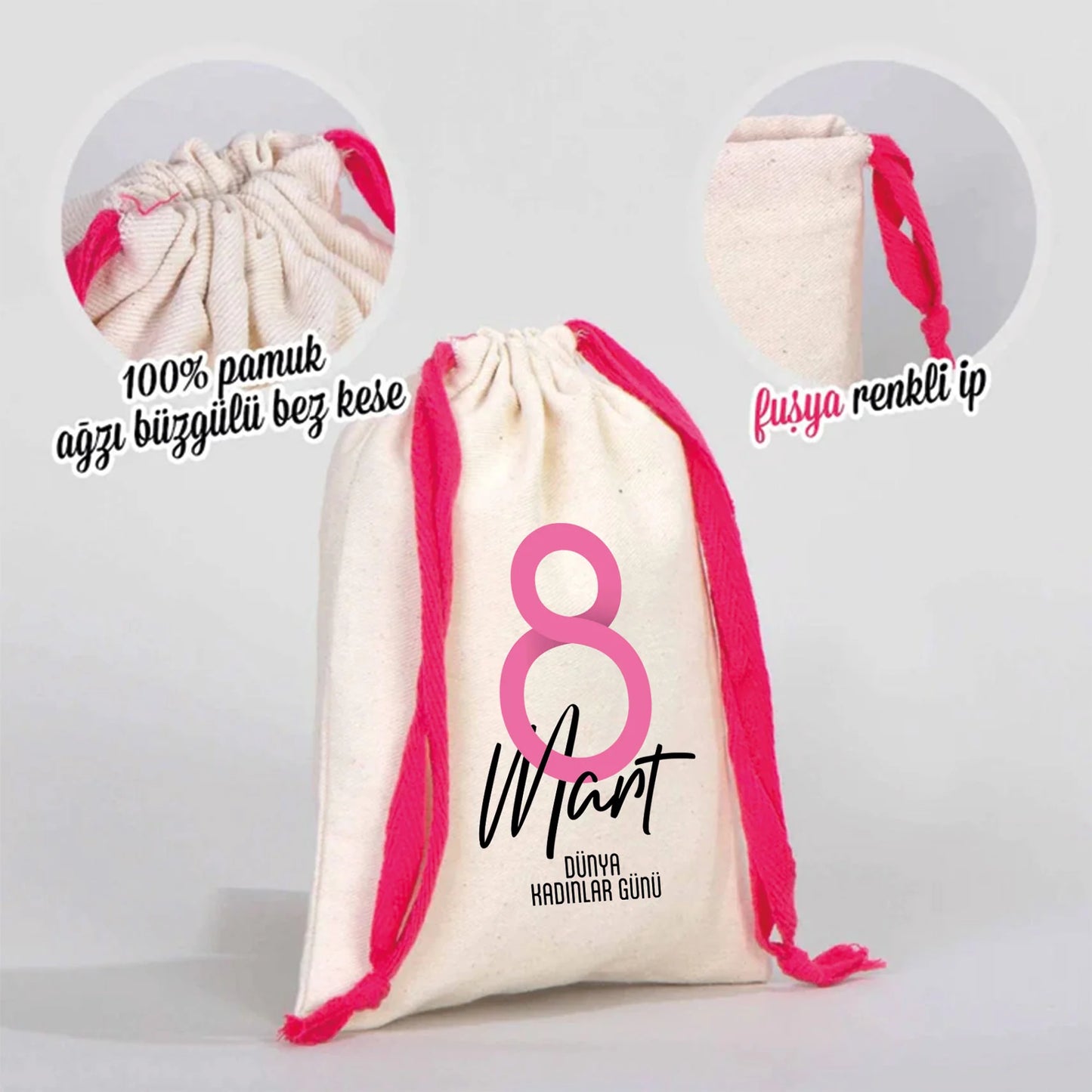 15x20 cm Renkli İp Fuşya Bez Kese – Kadınlar Günü Hediyesi