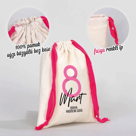 15x20 cm Renkli İp Fuşya Bez Kese – Kadınlar Günü Hediyesi