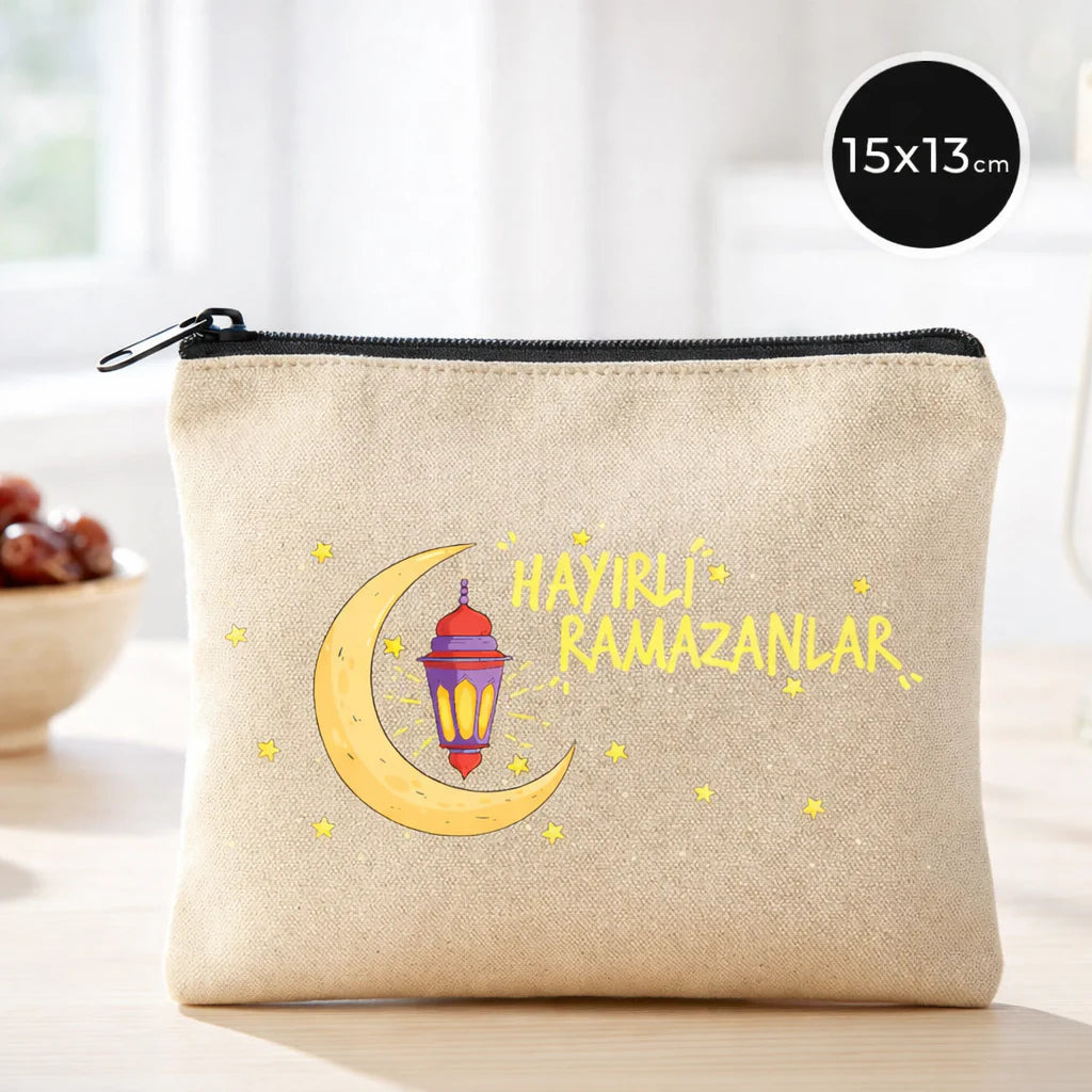 15x13 cm fermuarlı bayram harçlık kesesi, ham gabardin pamuk clutch, “Hayırlı Ramazanlar” baskılı.