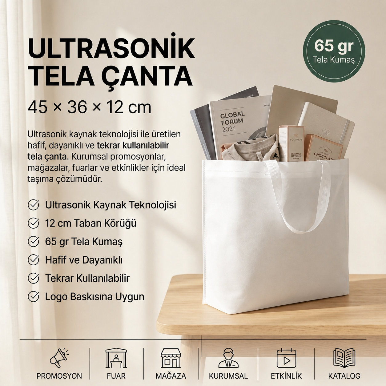 Tela Ultrasonik 45x36x12 Taban Körüklü (Özelleştirilebilir) -500 Adet Tek Renk Baskı