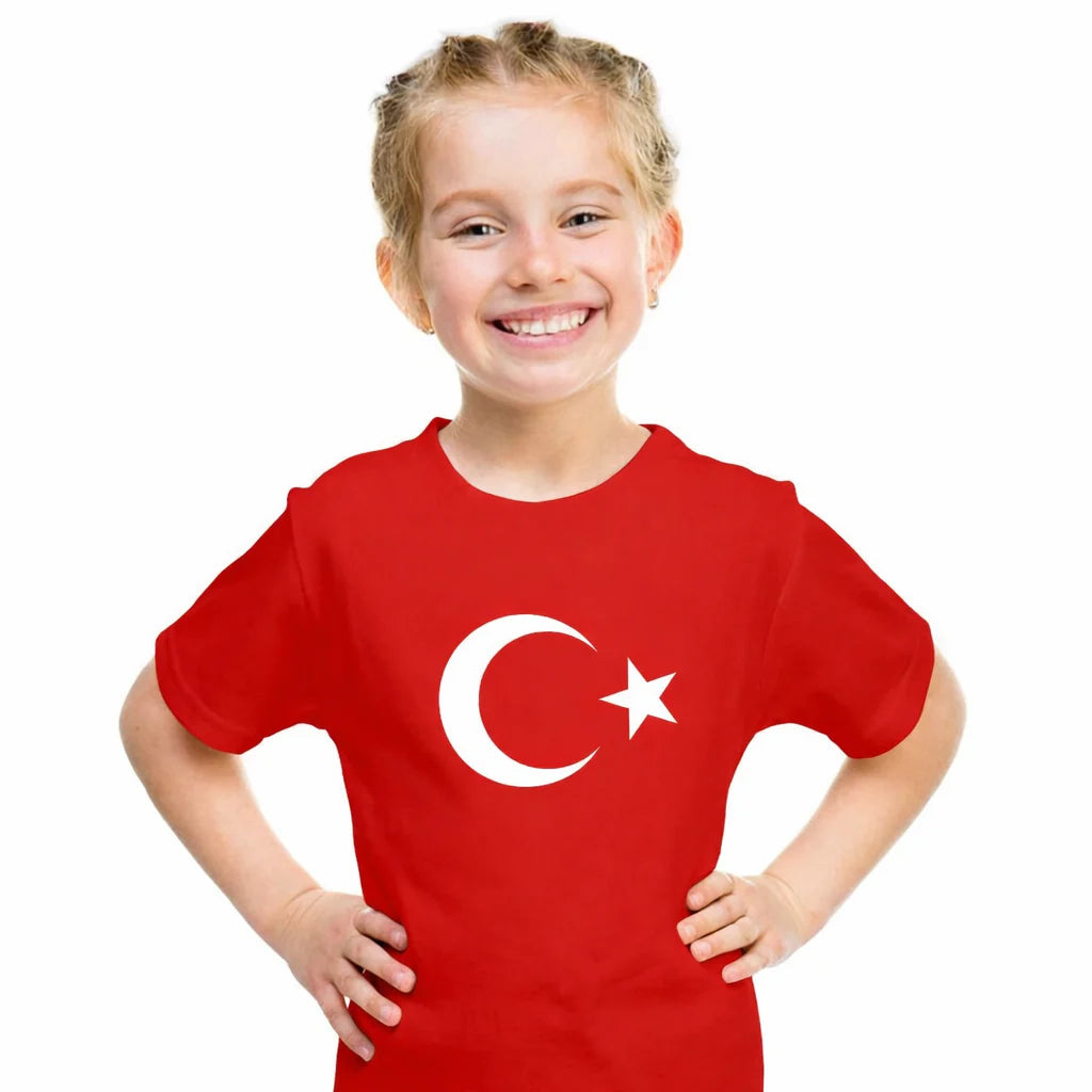 Ay Yıldız Baskılı Promosyon Çocuk Tişört - Kırmızı - detay görünüm