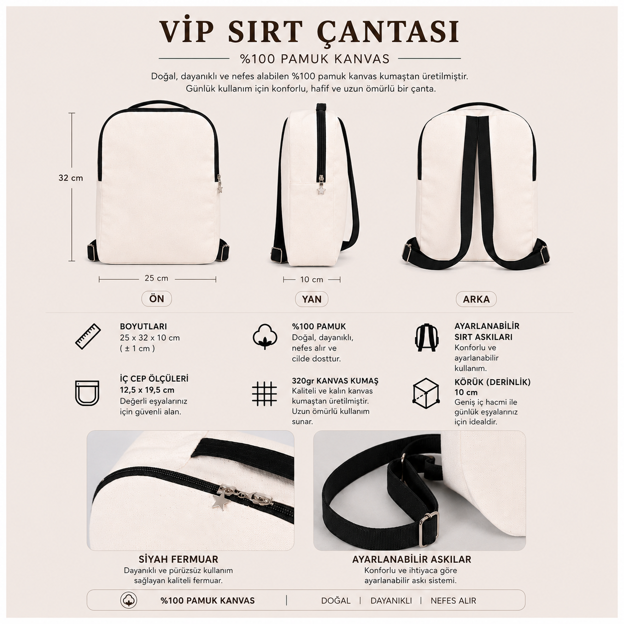 Kanvas Sırt Çantası VIP Siyah - 25x32x10 cm