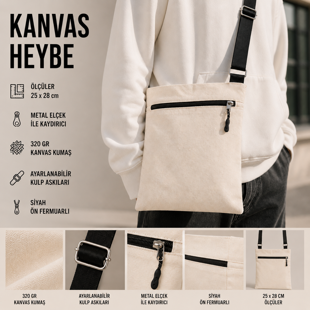 Kanvas Fermuarlı Heybe Çanta 25x28 cm