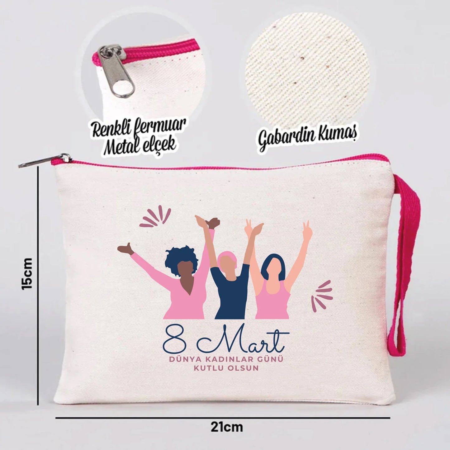 21x15 cm Fuşya Fermuarlı - Kadınlar Günü Hediyesi - detay görünüm
