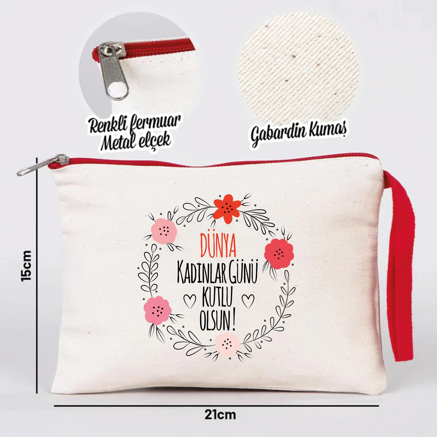 21x15 cm Kırmızı Fermuarlı - Kadınlar Günü Hediyesi - detay görünüm