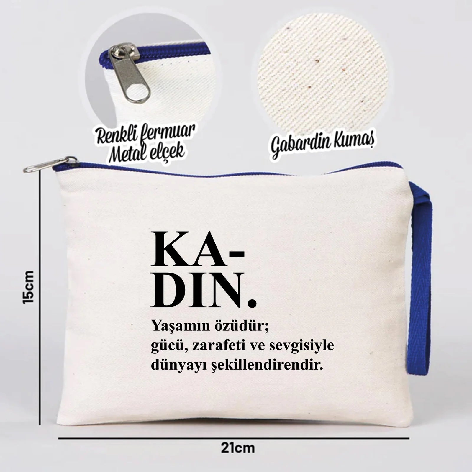 21x15 cm Saks Mavi Fermuarlı  - Kadınlar Günü Hediyesi - detay görünüm