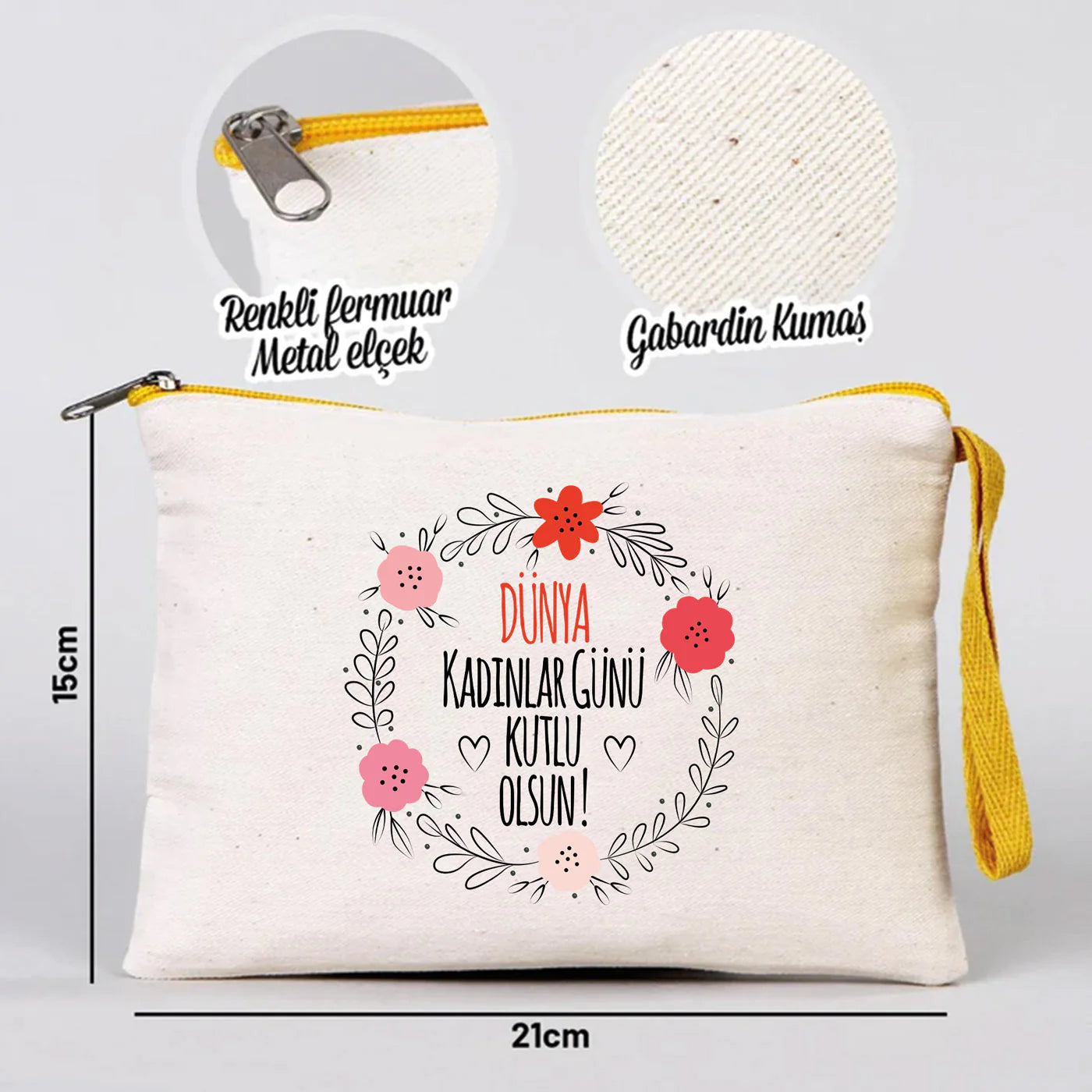 21x15 cm Sarı Fermuarlı - Kadınlar Günü Hediyesi - detay görünüm