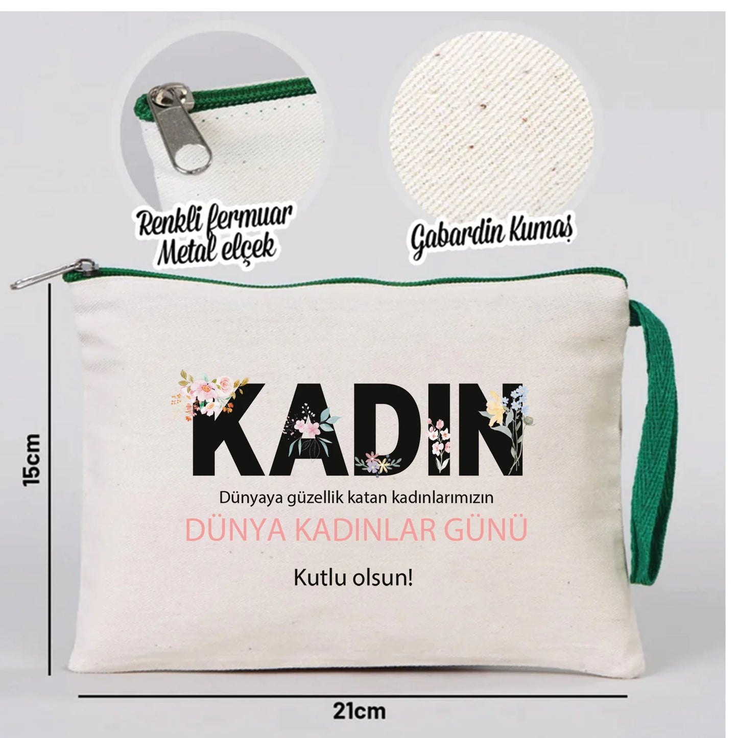 21x15 cm Yeşil Fermuarlı - Kadınlar Günü Hediyesi - detay görünüm