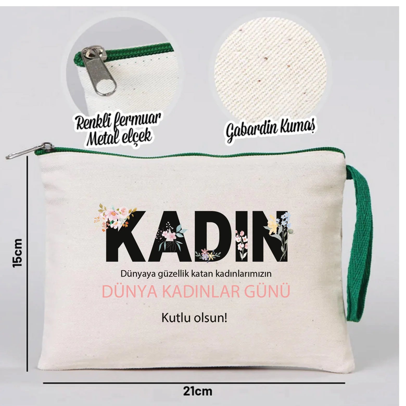 21x15 cm Yeşil Fermuarlı - Kadınlar Günü Hediyesi - detay görünüm