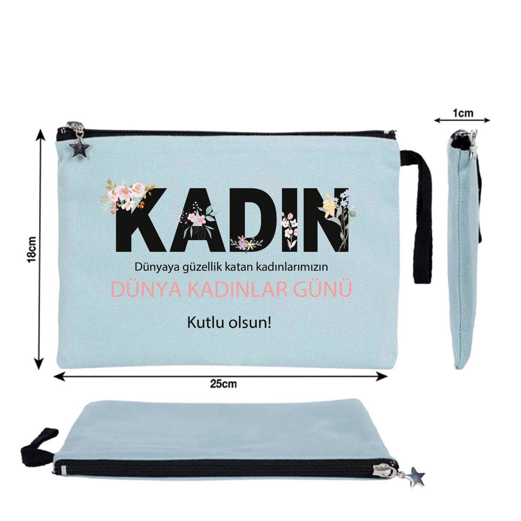 25x18 cm Açık Mavi Astarlı Kanvas Kalemlik - Kadınlar Günü Hediyesi - detay görünüm