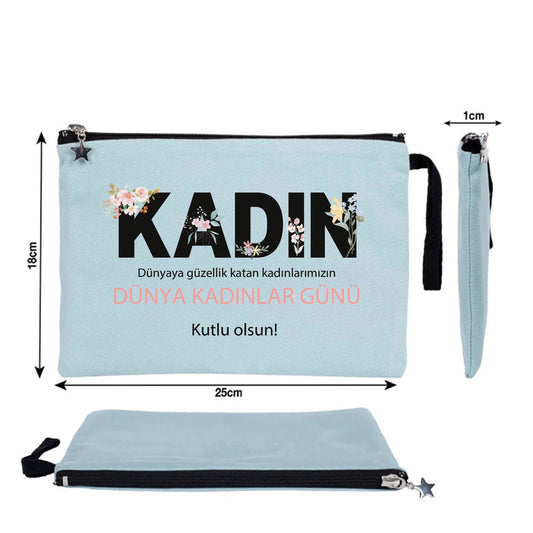 25x18 cm Açık Mavi Astarlı Kanvas Kalemlik - Kadınlar Günü Hediyesi - detay görünüm