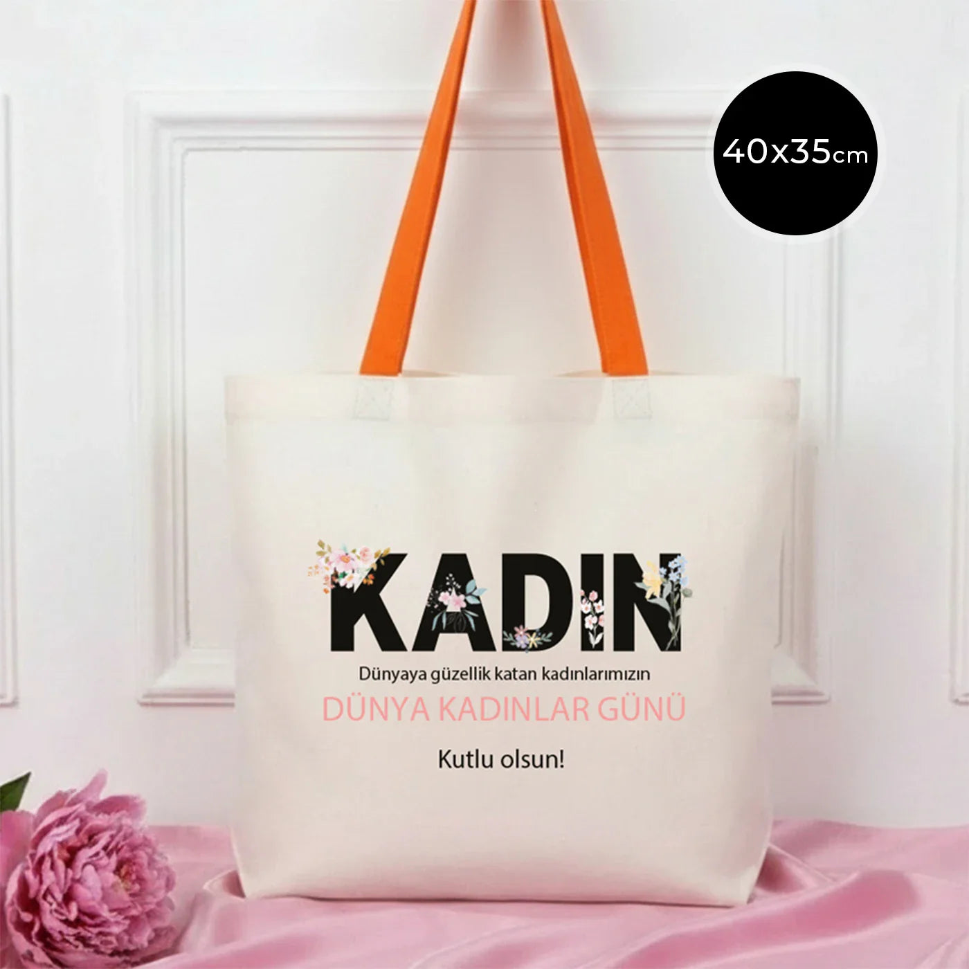 40x35 cm Gabardin Turuncu Kulp Çanta - Kadınlar Günü