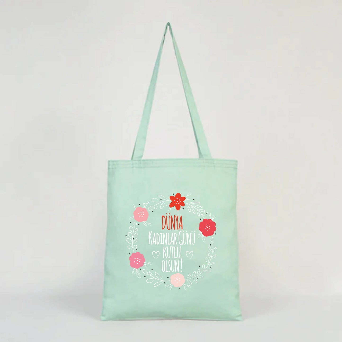 35x40 cm Mint Yeşili Gabardin Bez Çanta - Kadınlar Günü - yakın çekim