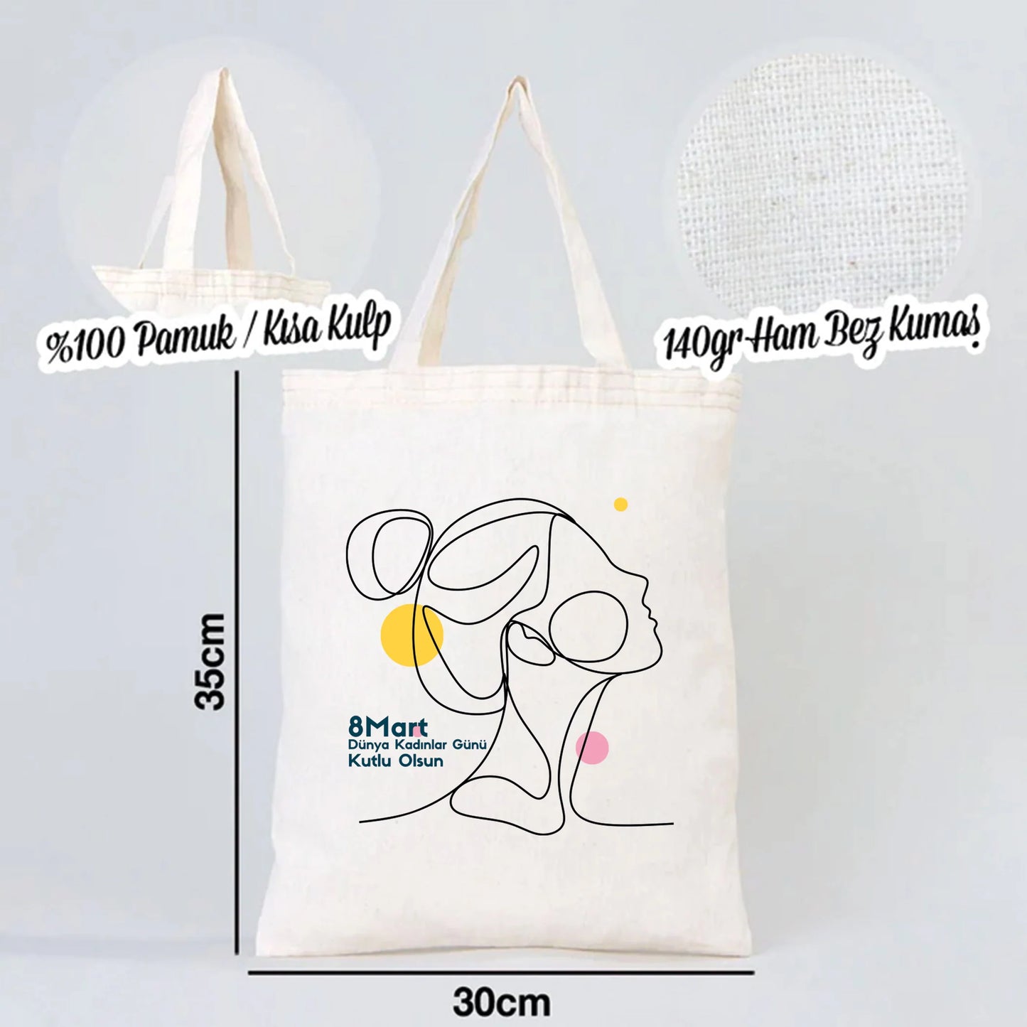 30x35 cm Ham Bez Çanta Kısa Kulp - Kadınlar Günü - detay görünüm