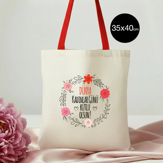 35x40 cm Kırmızı Kulp Ham Bez Çanta Baskılı - Kadınlar Günü