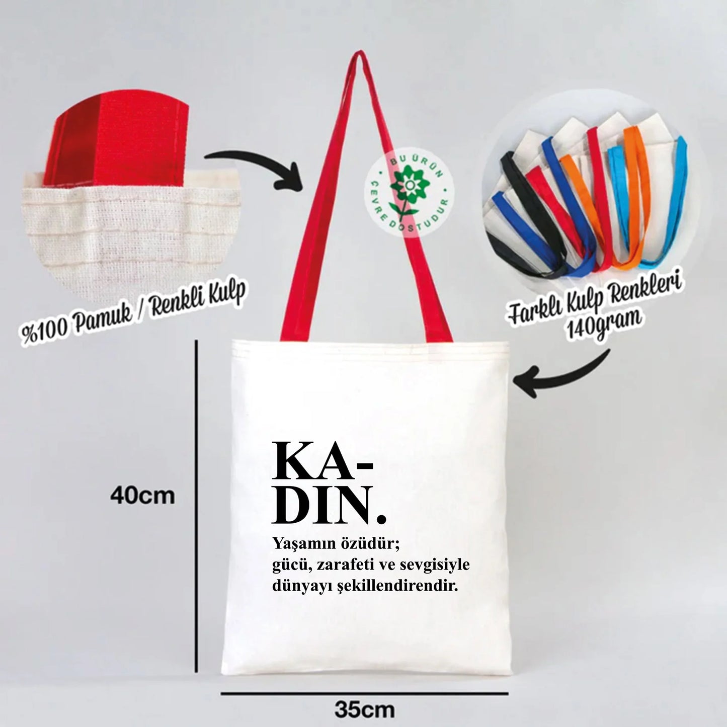 35x40 cm Kırmızı Kulp Ham Bez Çanta Baskılı - Kadınlar Günü - detay görünüm