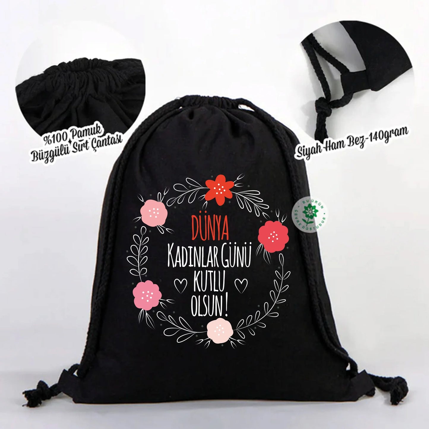 35x40 cm Siyah Bez Sırt Çantası Ham Bez Büzgülü - Kadınlar Günü - detay görünüm