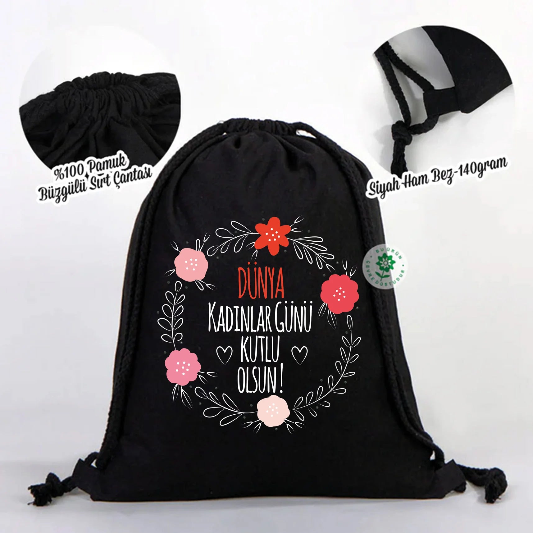 35x40 cm Siyah Bez Sırt Çantası Ham Bez Büzgülü - Kadınlar Günü - detay görünüm