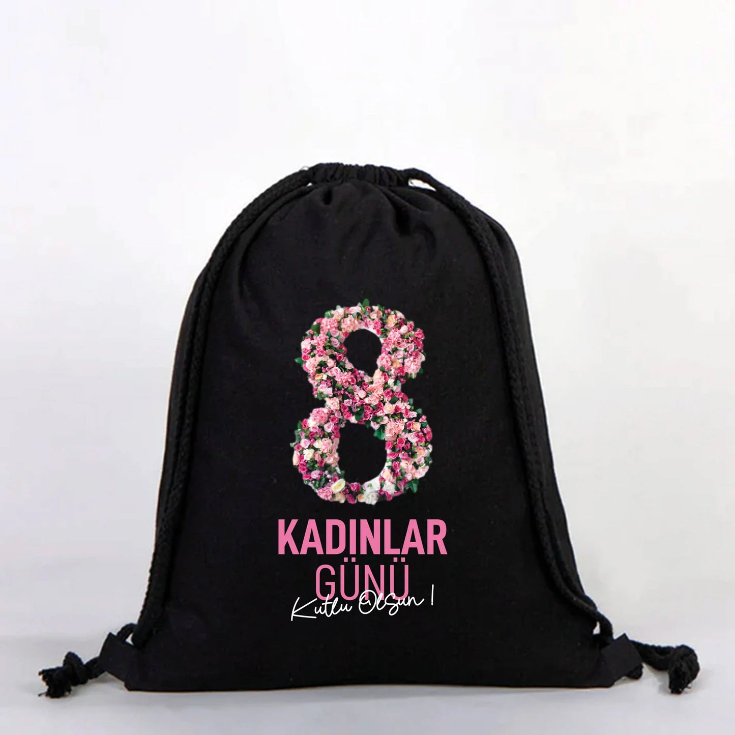 35x40 cm Siyah Bez Sırt Çantası Ham Bez Büzgülü - Kadınlar Günü - yakın çekim