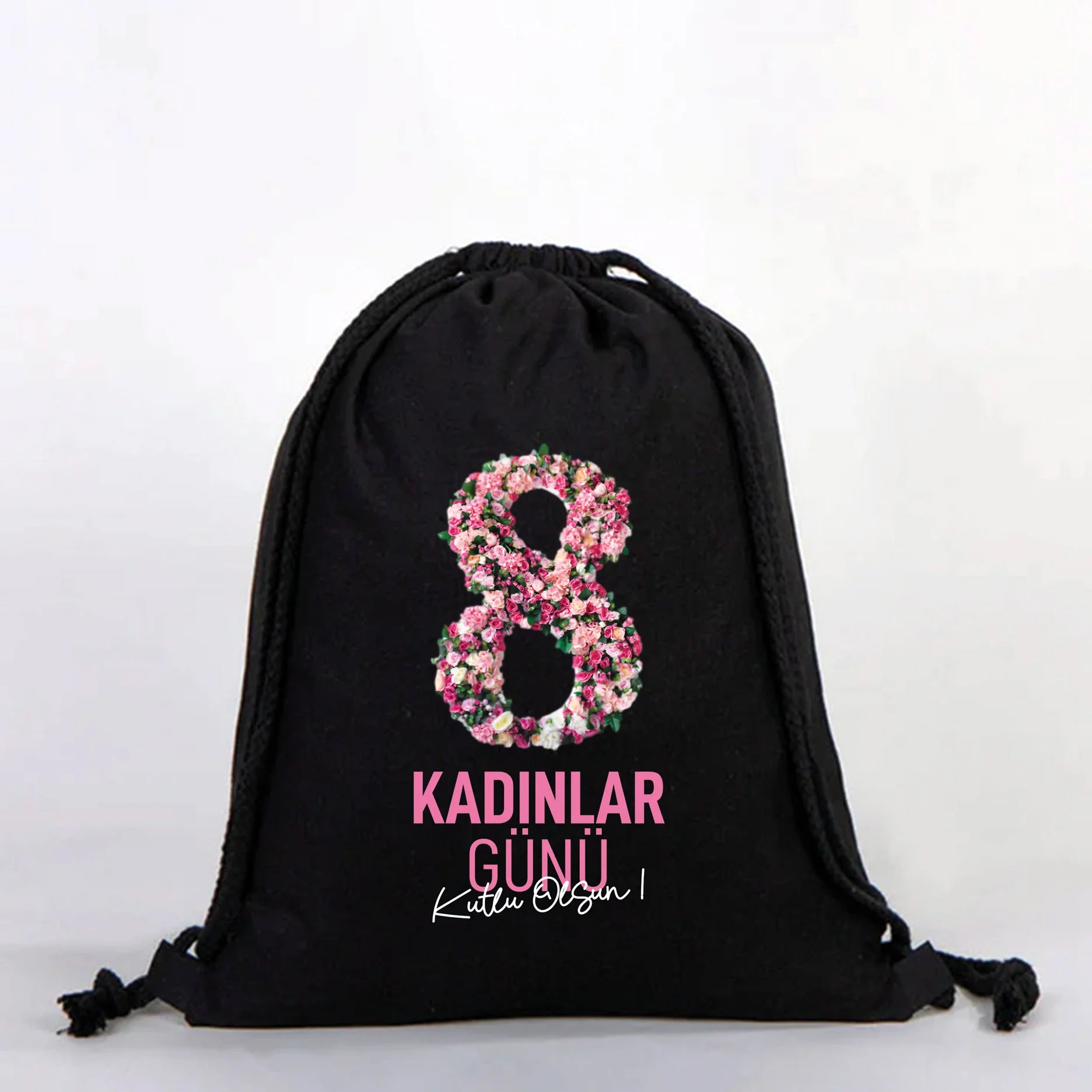 35x40 cm Siyah Bez Sırt Çantası Ham Bez Büzgülü - Kadınlar Günü - yakın çekim