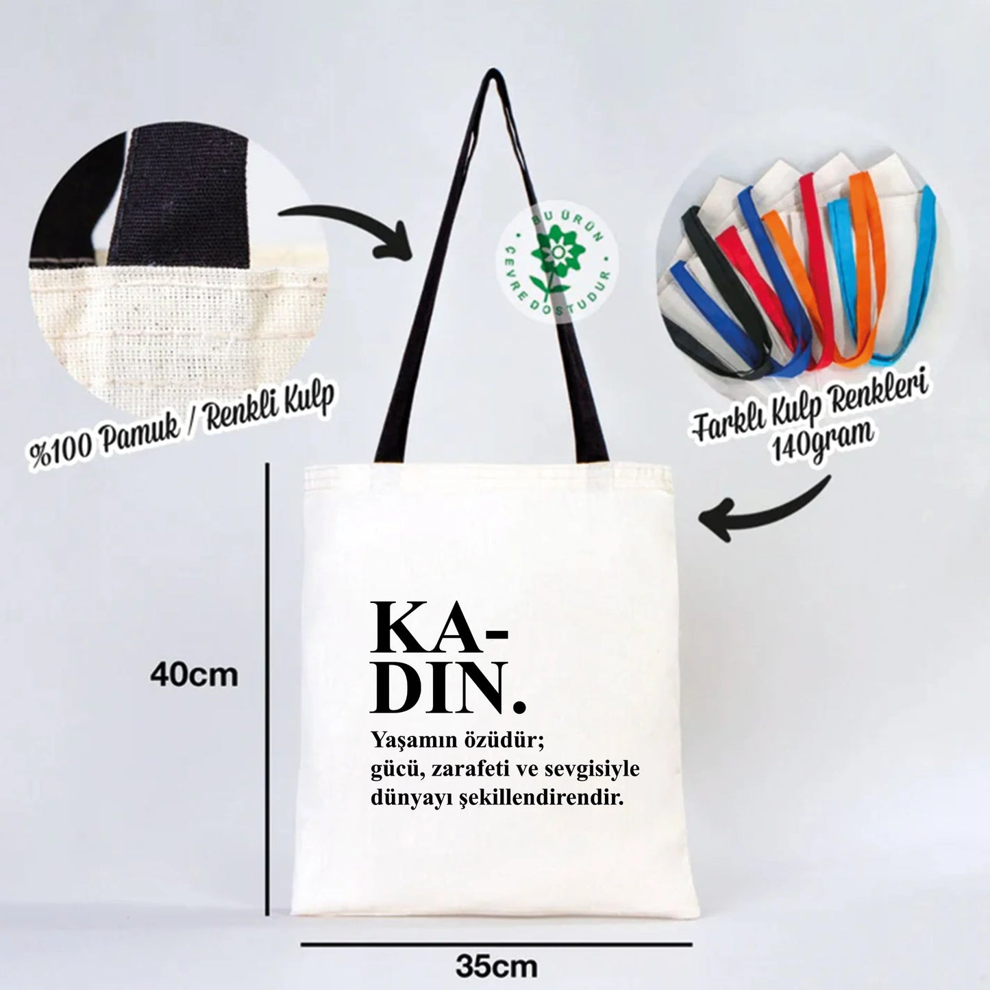 35x40 cm Siyah Kulp Ham Bez Çanta Baskılı - Kadınlar Günü - detay görünüm