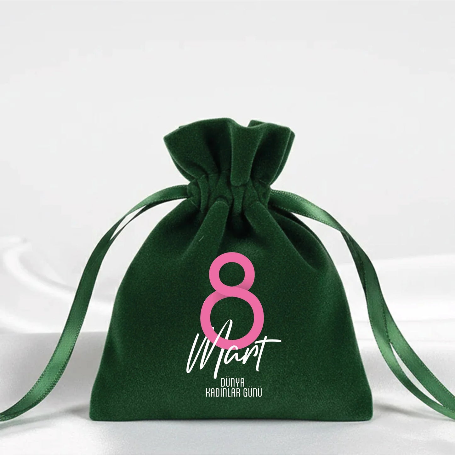 10x13 cm Kadife Gül Kese Yeşil - Kadınlar Günü Hediyesi